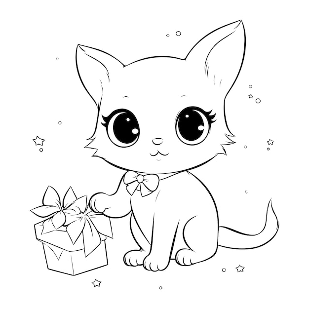 Vector coloring page outline of cartoon cat with gift box vector illustration