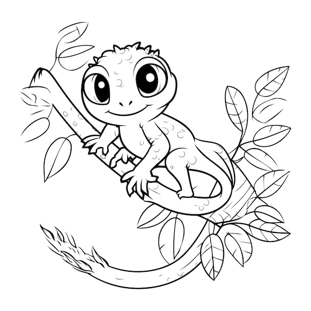 Vector coloring page outline of cartoon chameleon on tree branch