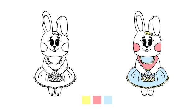 Coloring page outline of cartoon cute little girl rabbit