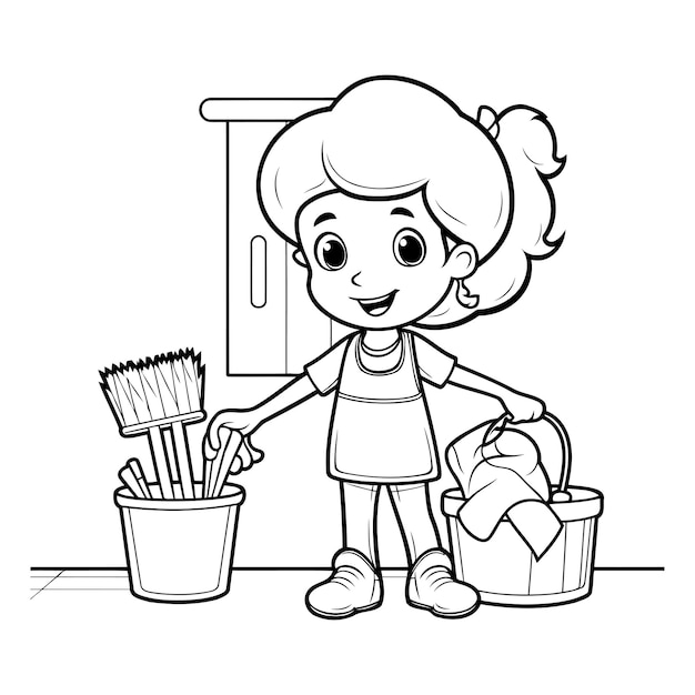 Coloring Page Outline Of Cartoon Girl Cleaning The House