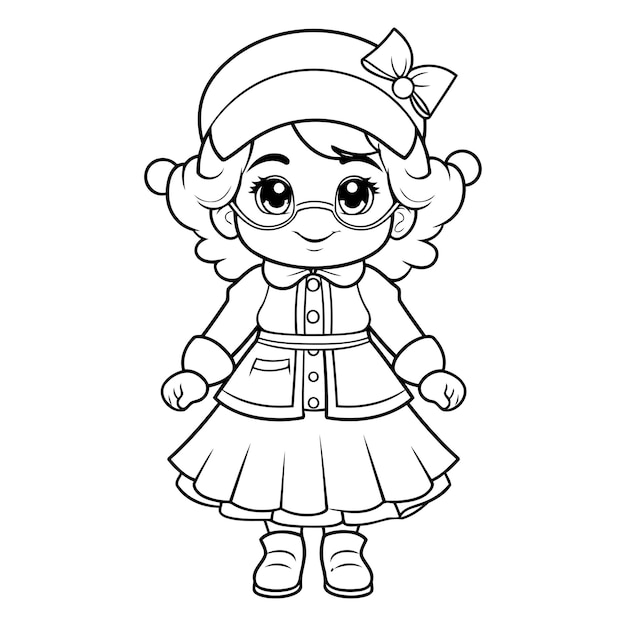 Vector coloring page outline of cartoon little girl with christmas hat