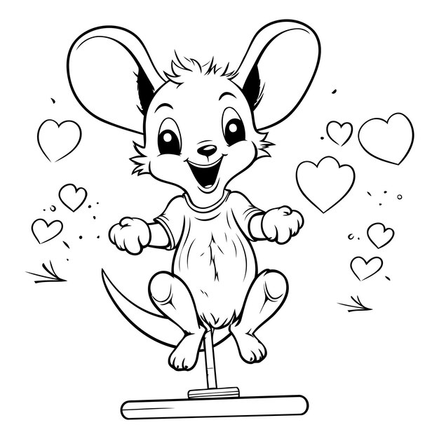 Vector coloring page outline of cartoon mouse character with love hearts vector illustration