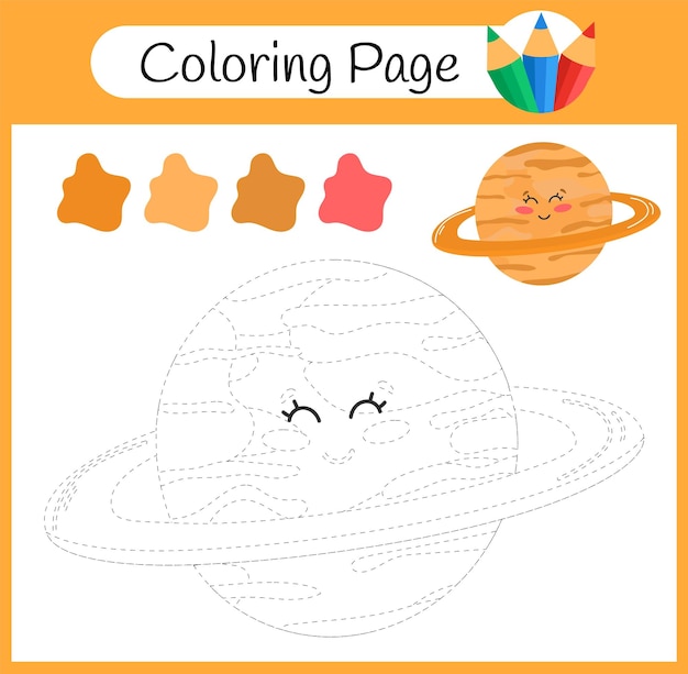 Coloring page outline of a cartoon saturn space and astronomy coloring book for kids