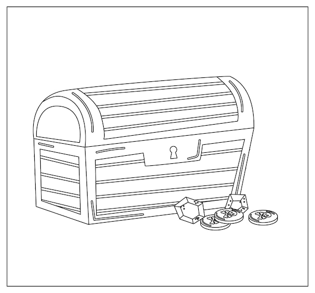 Pagina da colorare schema di cartoon treasure chest libro da colorare per bambini immagine vettoriale per la festa dei pirati per bambini