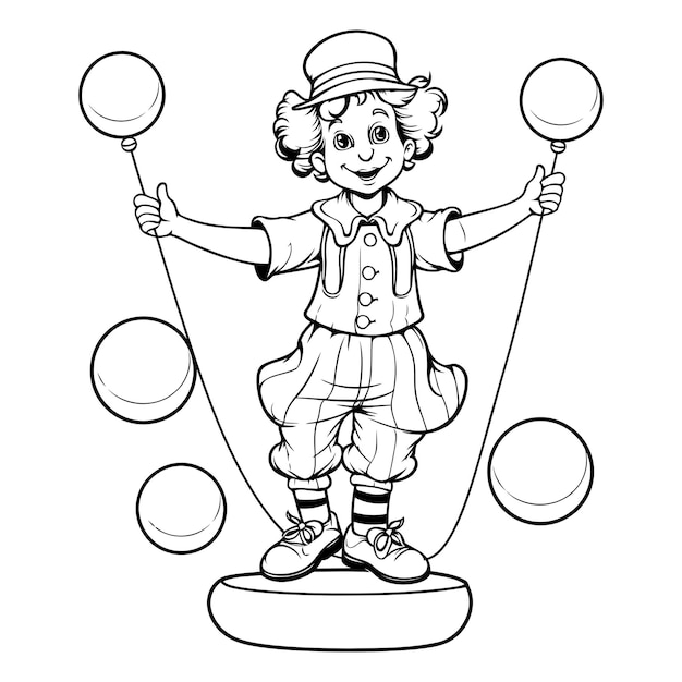 Vector coloring page outline of a clown juggling with balloons