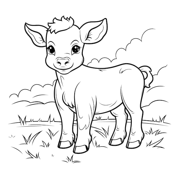 Vector coloring page outline of a cute baby cow farm animal