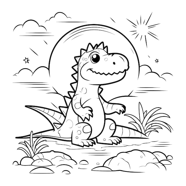 Vector coloring page outline of cute dinosaur cartoon character vector illustration