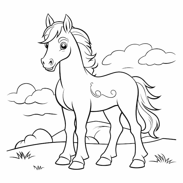 Vector coloring page outline of cute horse little outline animal vector black and white