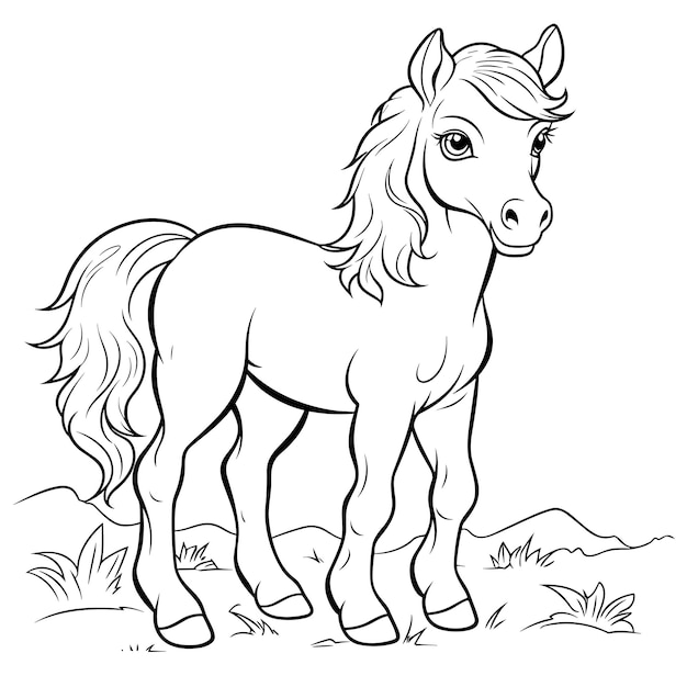 Vector coloring page outline of cute horse little outline animal vector black and white