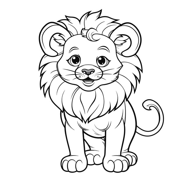 Coloring page outline of cute lion children's cartoon coloring black and white illustration