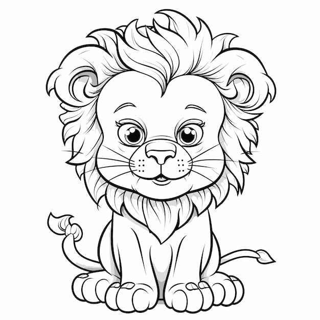 Vector coloring page outline of cute lion children's cartoon coloring black and white vector illustration