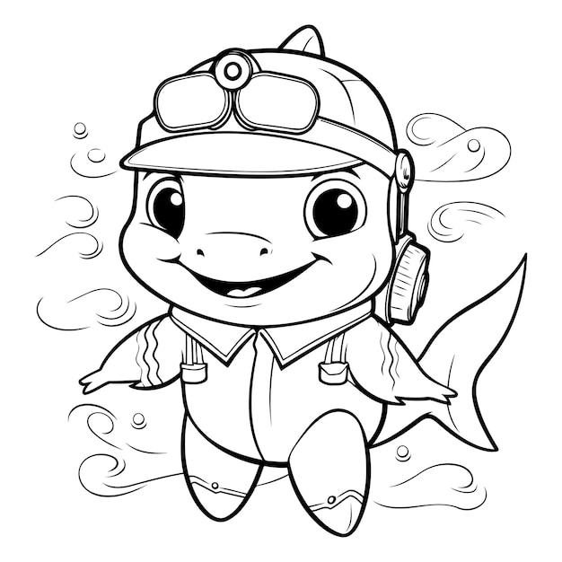 Vector coloring page outline of a cute little fish cartoon character