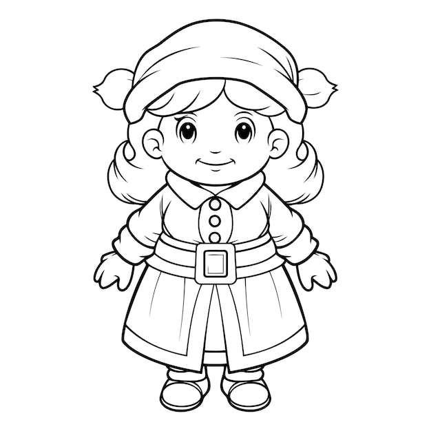 Vector coloring page outline of a cute little girl in traditional bavarian costume