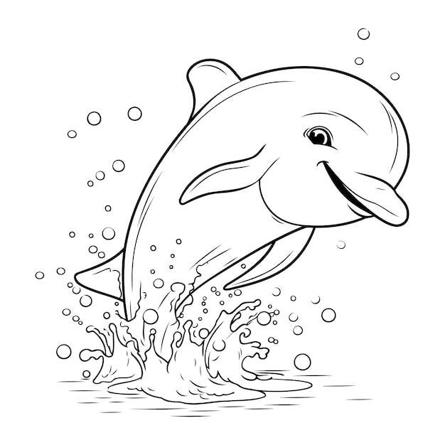 Vector coloring page outline of a dolphin jumping out of the water