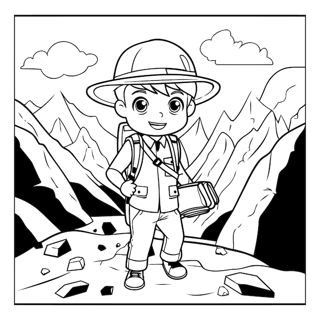 Coloring Page Outline Of a Kid Boy Hiking in the Mountains