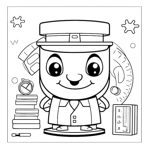 Vector coloring page outline of a leprechaun with books