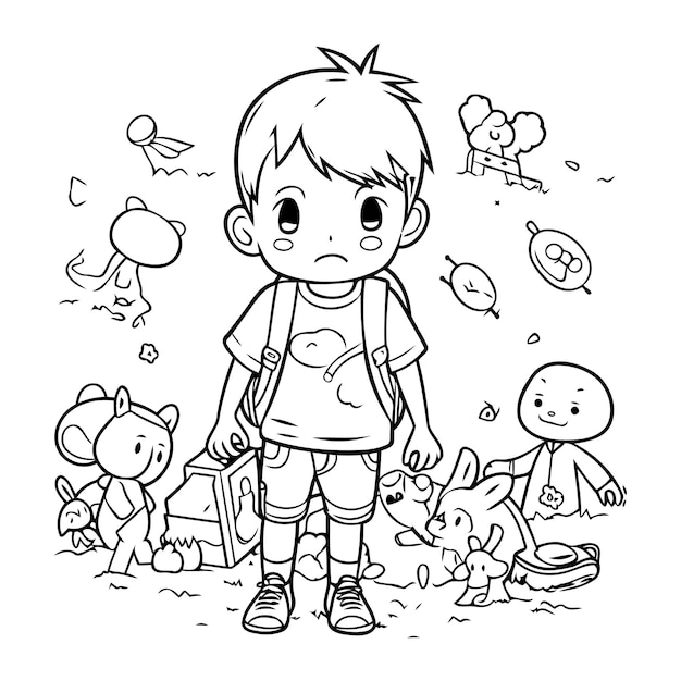 Vector coloring page outline of a little boy walking with his pet