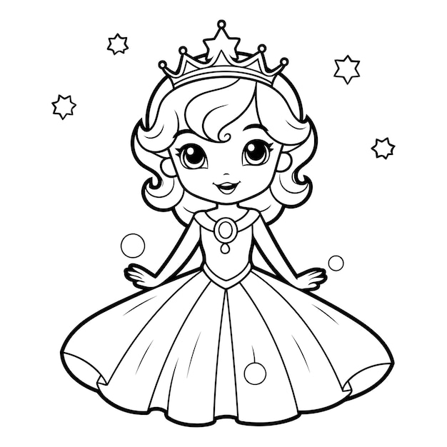 Vector coloring page outline of a princess in a dress with a crown