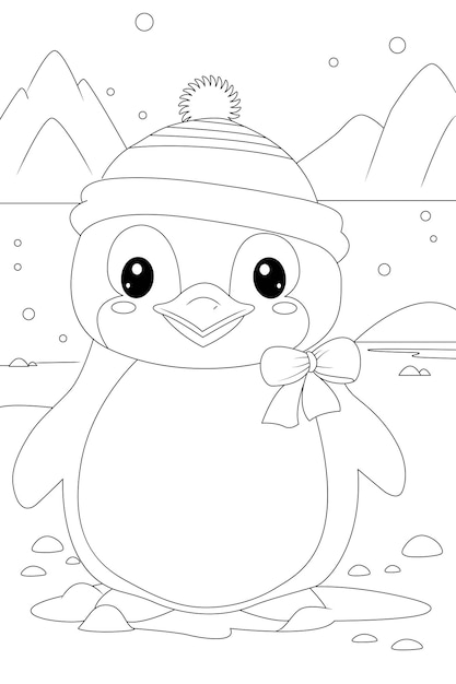 Vector coloring page a penguin waddling on an icy shore