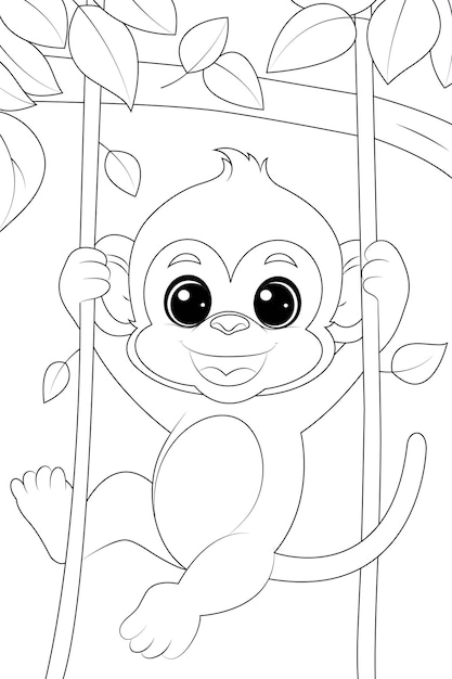 Coloring page a playful monkey swinging from tree vines