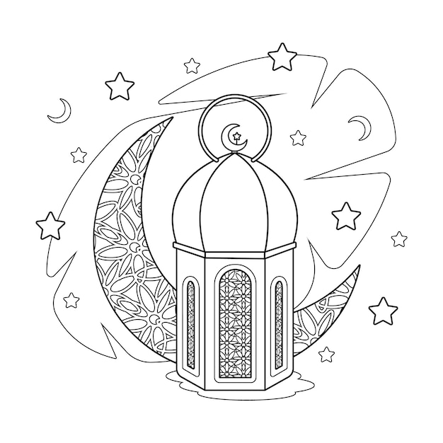 Coloring page Ramadan with a cartoon bright Islamic lantern and a moon