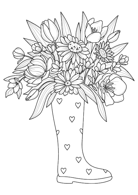 A coloring page of a rubber boot with flowers and hearts on it