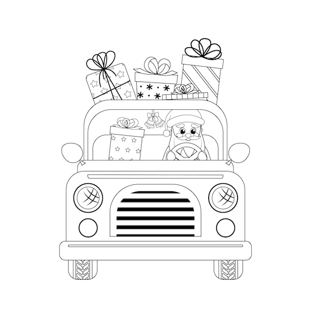 Coloring page Santa Claus is driving car with presents Black and white Santa in pickup Vector