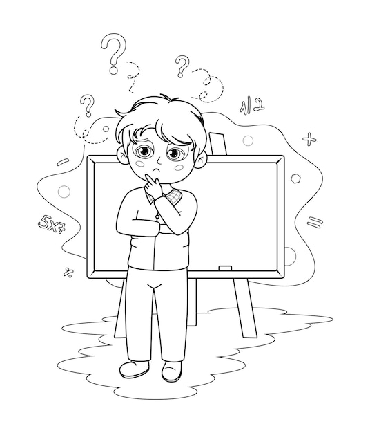 Coloring page Schoolboy pondering at the Blackboard