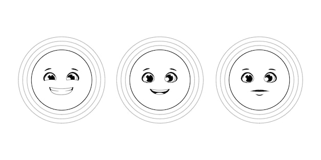 Vector coloring page set 3 cheerful suns with different emotions