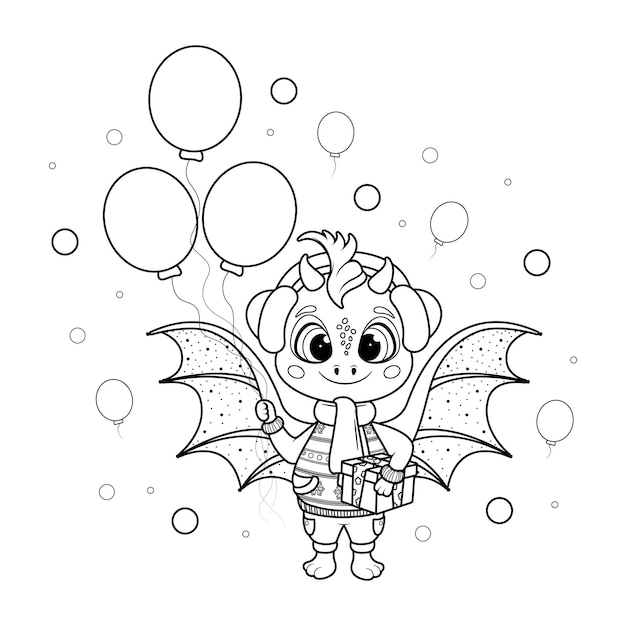 Coloring page Shristmas Cartoon Dragon with Balloons and a Gift