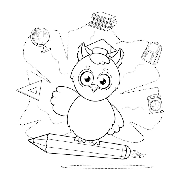 Coloring page Smart cartoon owl flying on a pencil