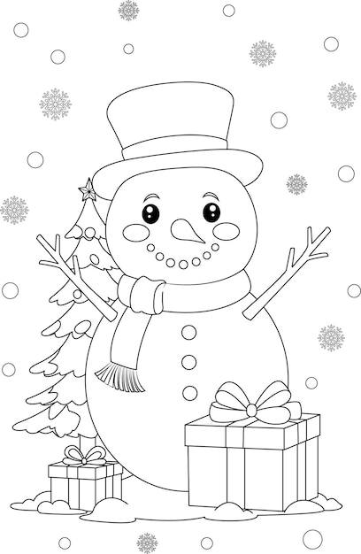 coloring page a snowman with christmas tree and gifts christmas colouring page