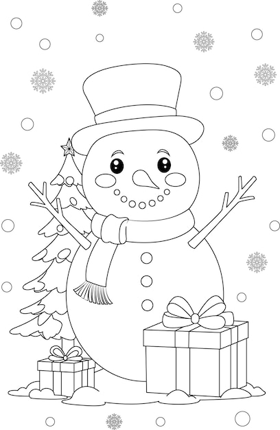 Coloring page a snowman with christmas tree and gifts Christmas colouring page