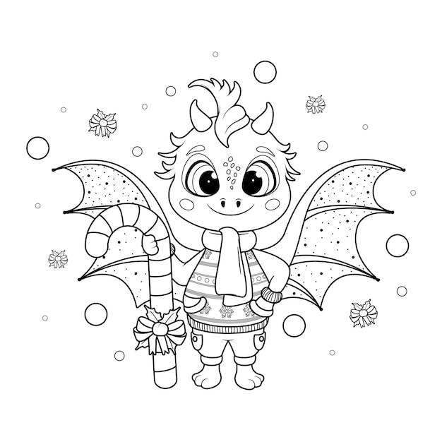 Vector coloring page striped christmas candy cane and festive cartoon dragon