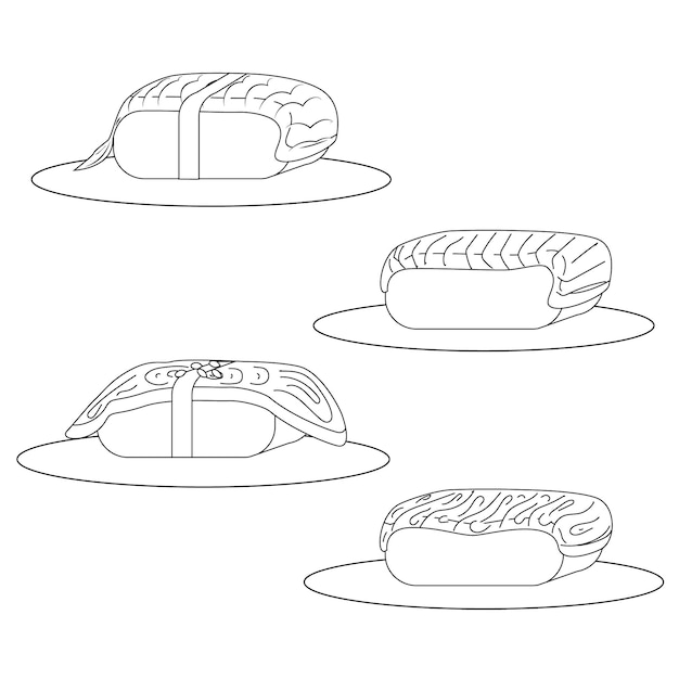 Окраска страницы Суши роллы Креветки лосось угорь тунец Азиатская еда Векторная иллюстрация