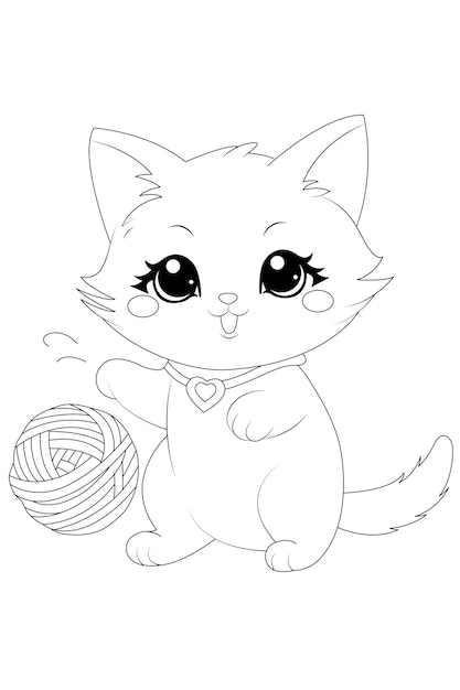 Coloring page a sweet kitten chasing a ball of yarn