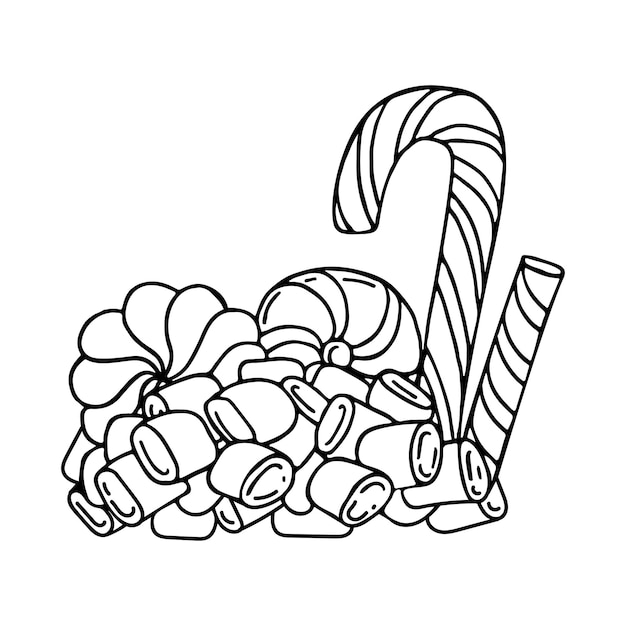 과자의 색칠 페이지 휴일 사탕 롤리팝 카라멜과 마시멜로 손으로 그린 벡터 낙서 어린이와 성인을 위한 색칠하기 책 흑백 라인 아트 스케치