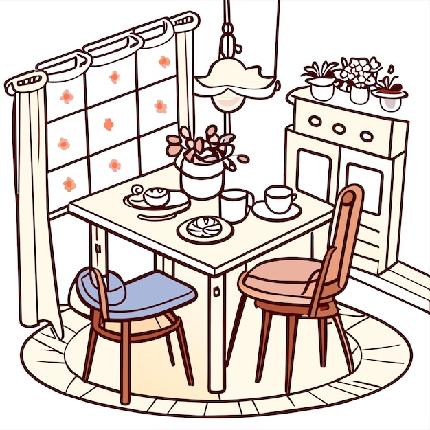 Vector coloring page table and chair furniture and room interior