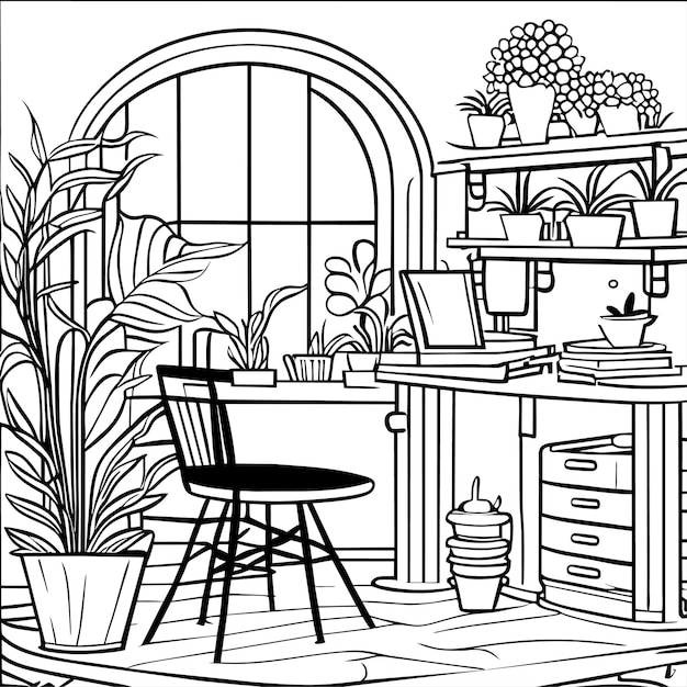 Coloring page Table and chair furniture and room interior