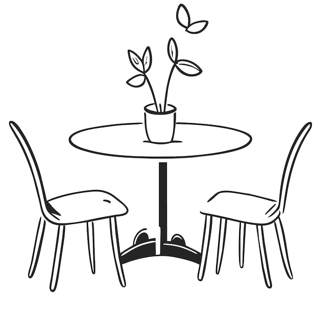 Coloring page table and chair furniture and room interior