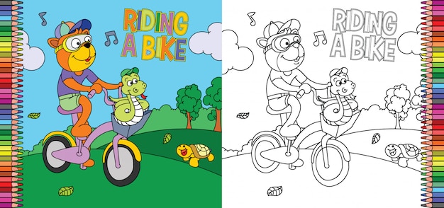 Vector coloring page of tiger riding a bike with snake on the park