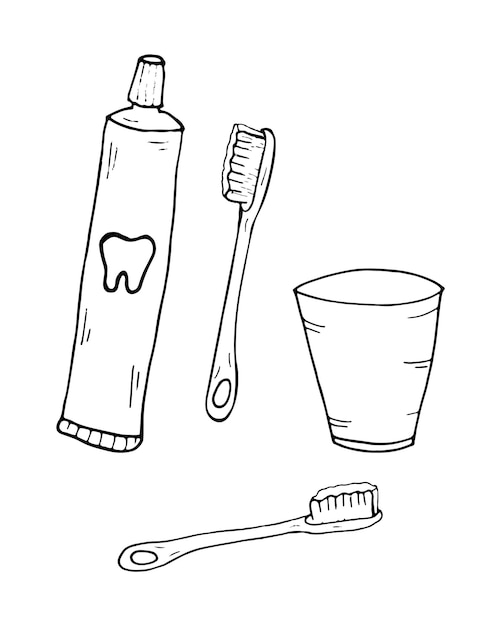 Coloring page Toothbrushes toothpaste mouthwash Outline vector illustration Doodle style