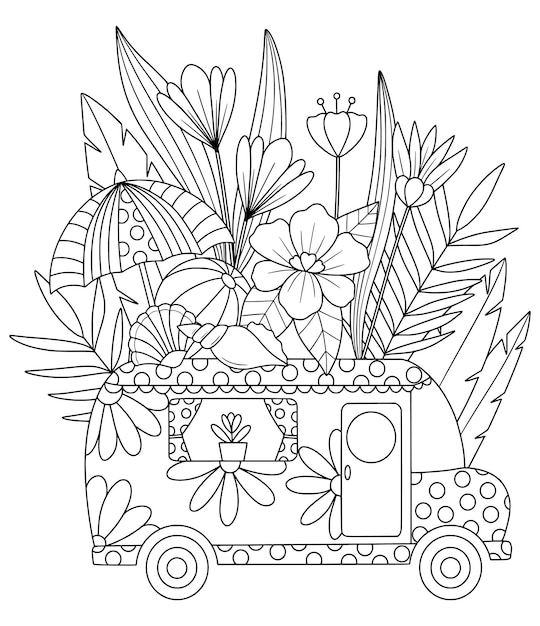 A coloring page of a truck with flowers and leaves.