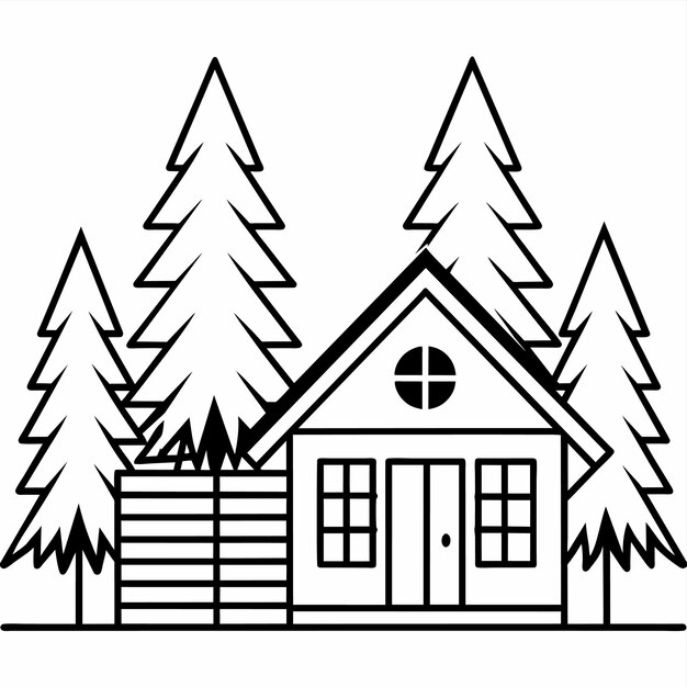 Vector coloring page two wooden cabins in the foresto