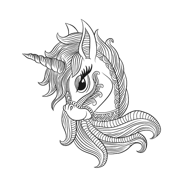 Coloring page of unicorn, for adult antistress coloring book cover.