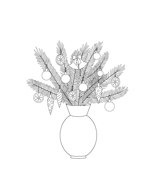 Coloring page Vase with fir tree branches and ornaments Black and white Chrismas bouquet