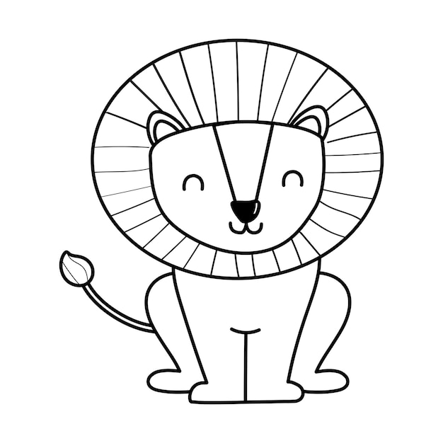 Вектор Красивая страница с милым львом в стиле мультфильма черно-белое африканское животное сафари изолированный вектор