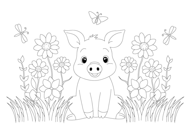Vettore pagina da colorare con un adorabile maiale nell'erba e nei fiori