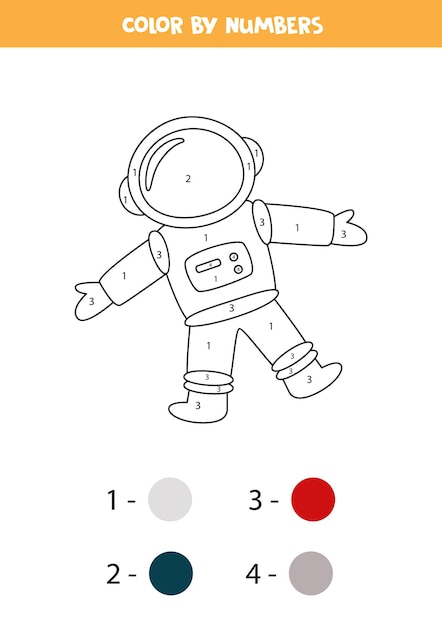 宇宙飛行士のぬりえ。数字で色分け。子供のための数学のゲーム。