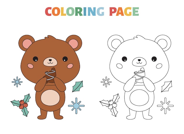 Pagina da colorare con orso e biscotto di natale